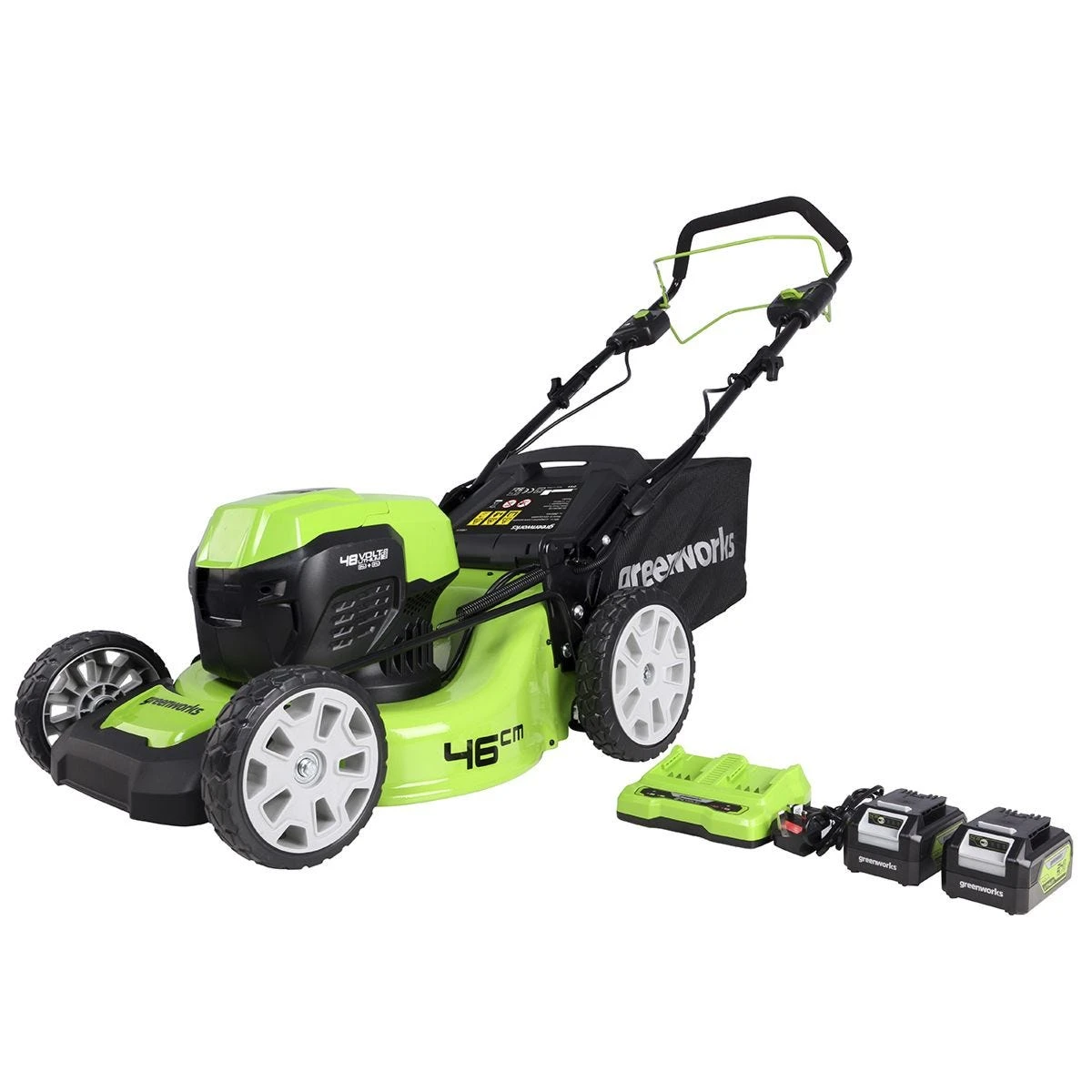 Greenworks 48v 46cm Cordless Brushless Self Propelled Lawnmower (2 X 4AH Battery & Twin Charger)