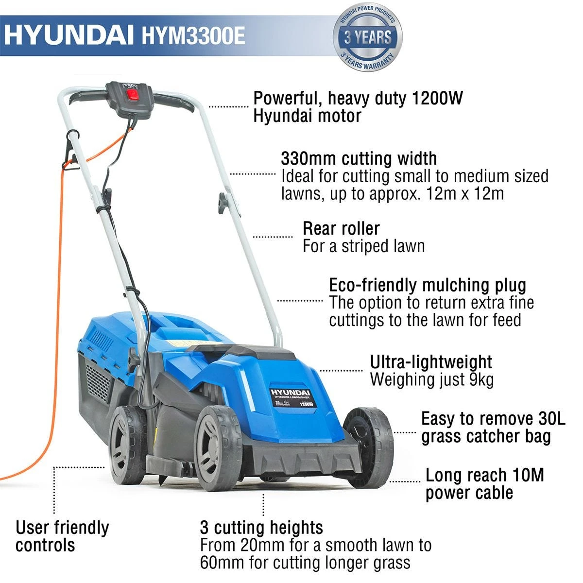 Hyundai HYM3300E Corded Electric 1200W/240V Mulching Roller Lawnmower - Image 2