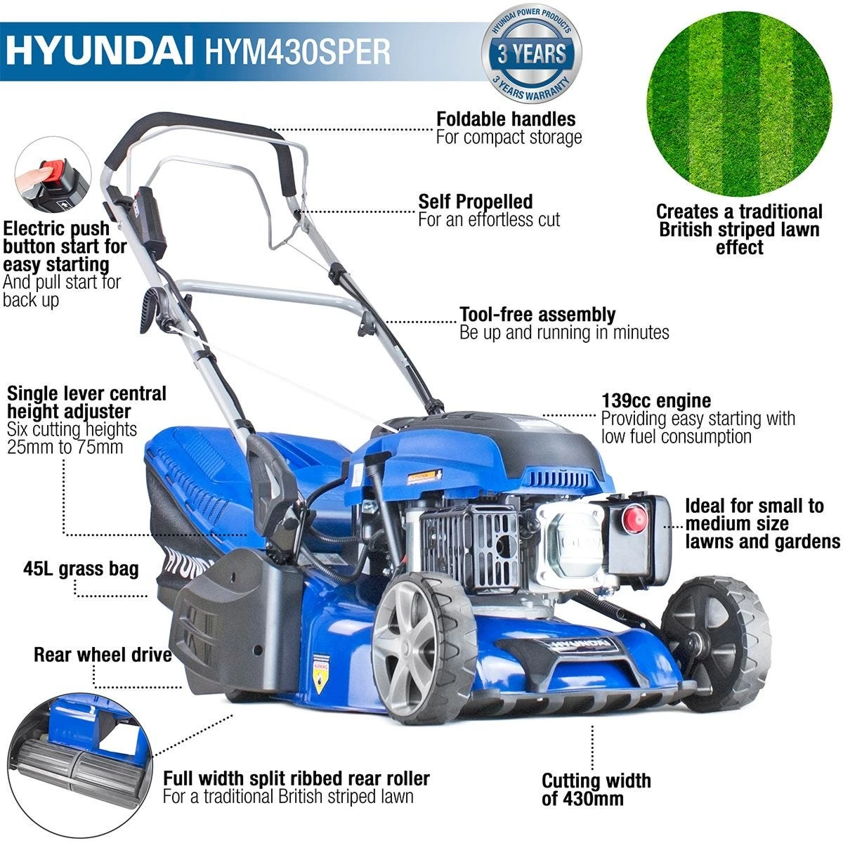 Hyundai HYM430SPER Self Propelled 17" 43cm 430mm 139cc Electric Start Petrol Roller Lawn Mower - Includes 500ml Engine Oil - Image 2