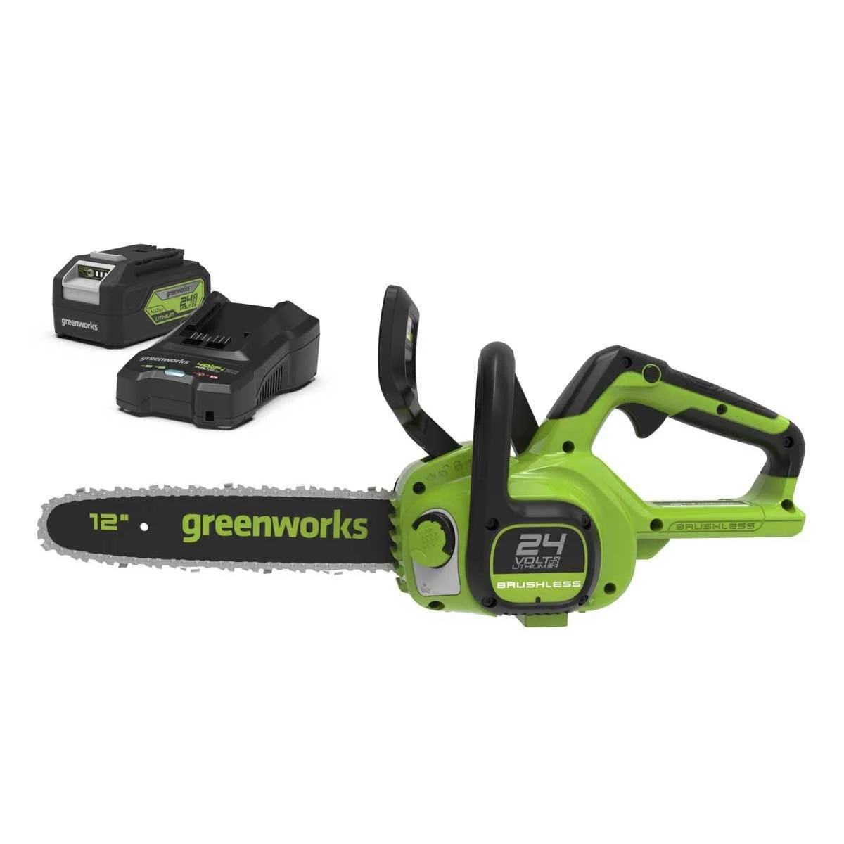 Greenworks 24V Cordless 30cm Brushless Motor Chainsaw With 4Ah Battery And Charger