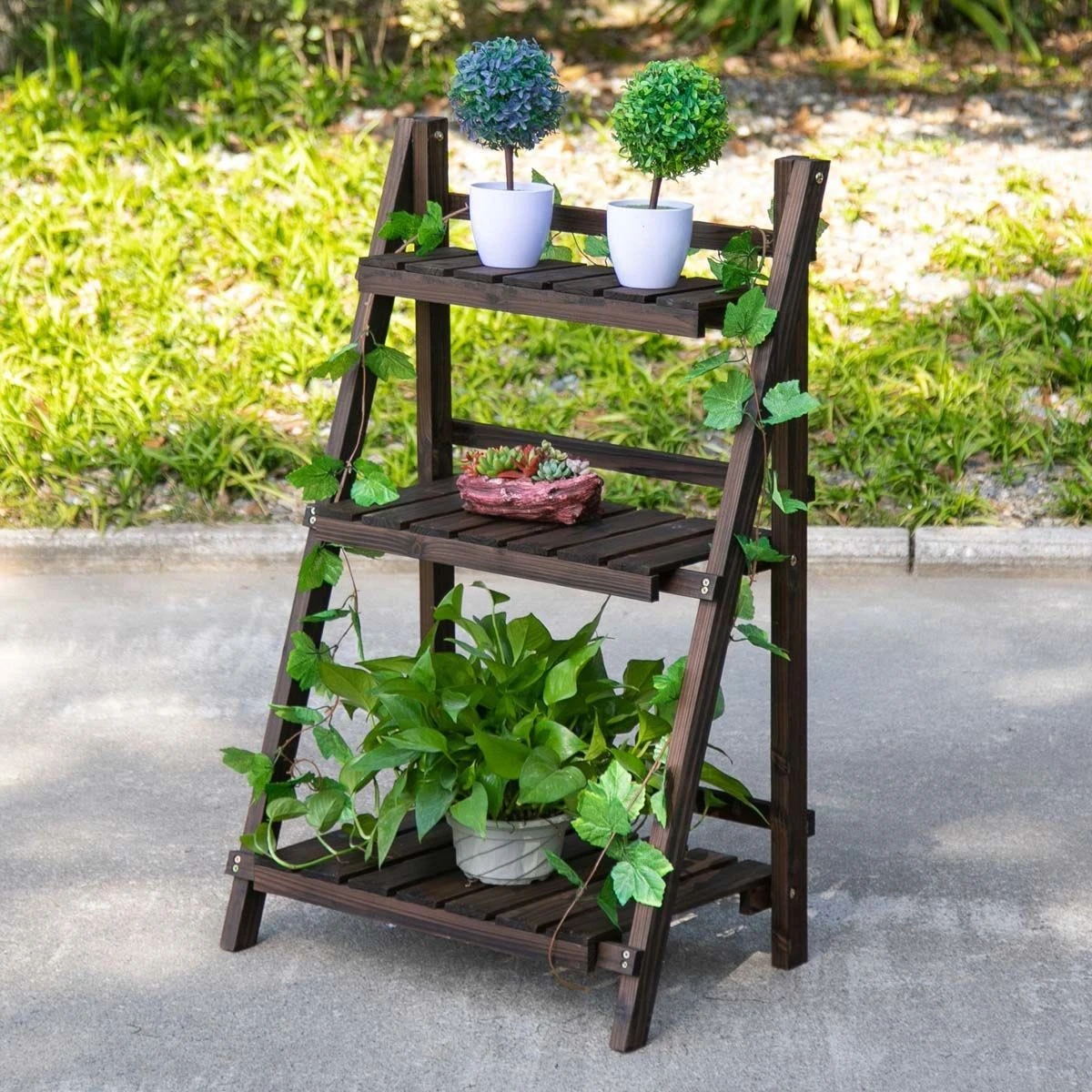 Outsunny Wooden Three Tier Plant Shelf Unit - Image 2