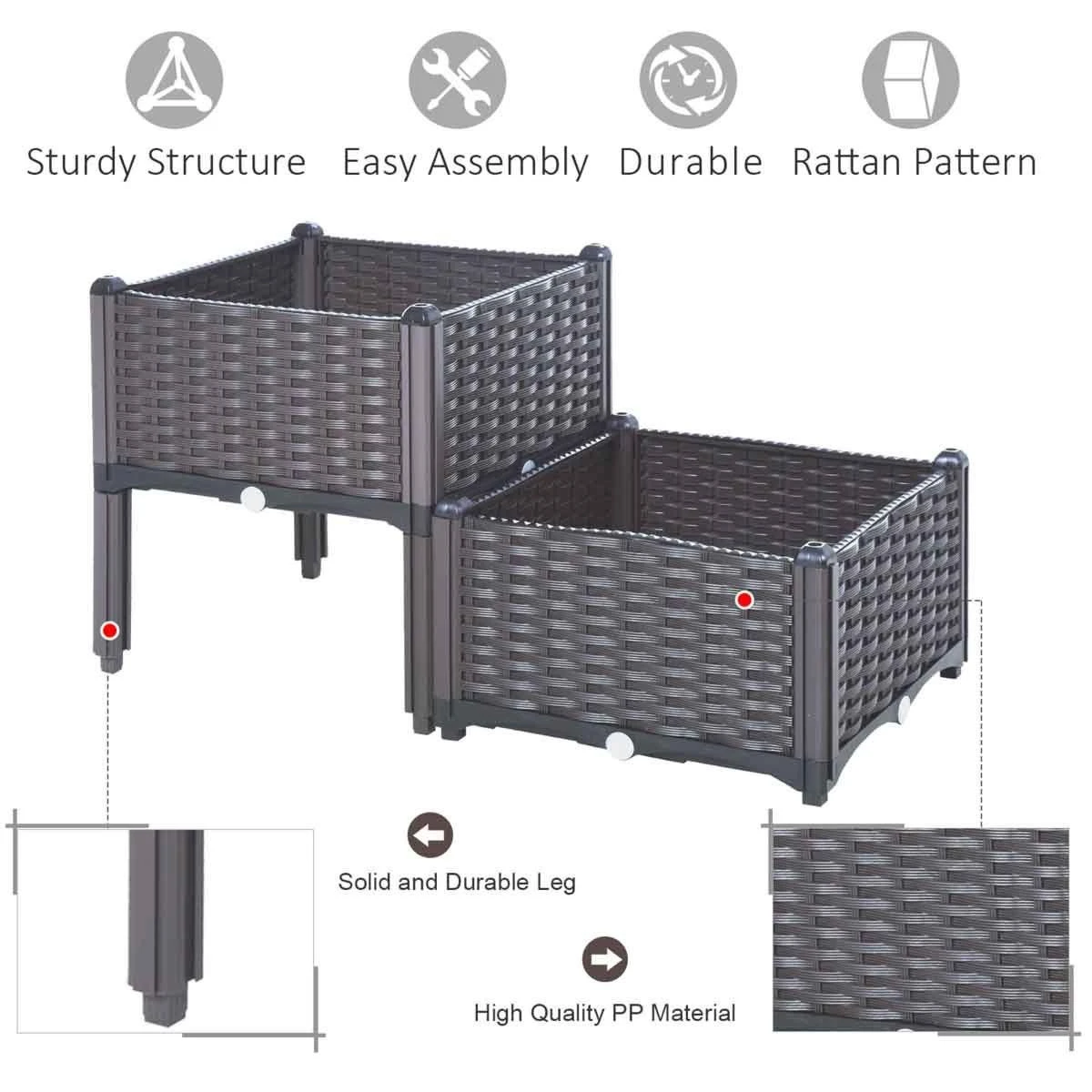 Outsunny Rattan Effect Raised Duo Planter - Brown - Image 3