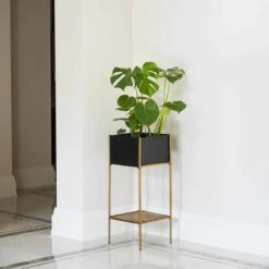 Ivyline Indoor Kensington Metal Square Planter Stand In Gold - H76Cm W30Cm