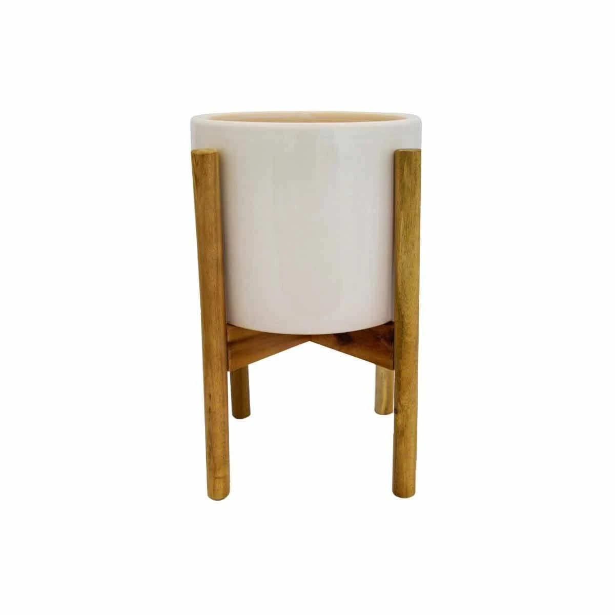 Ivyline Anzio Stone White Planter With Wooden Stand - H38.5Cm D24Cm - Image 2