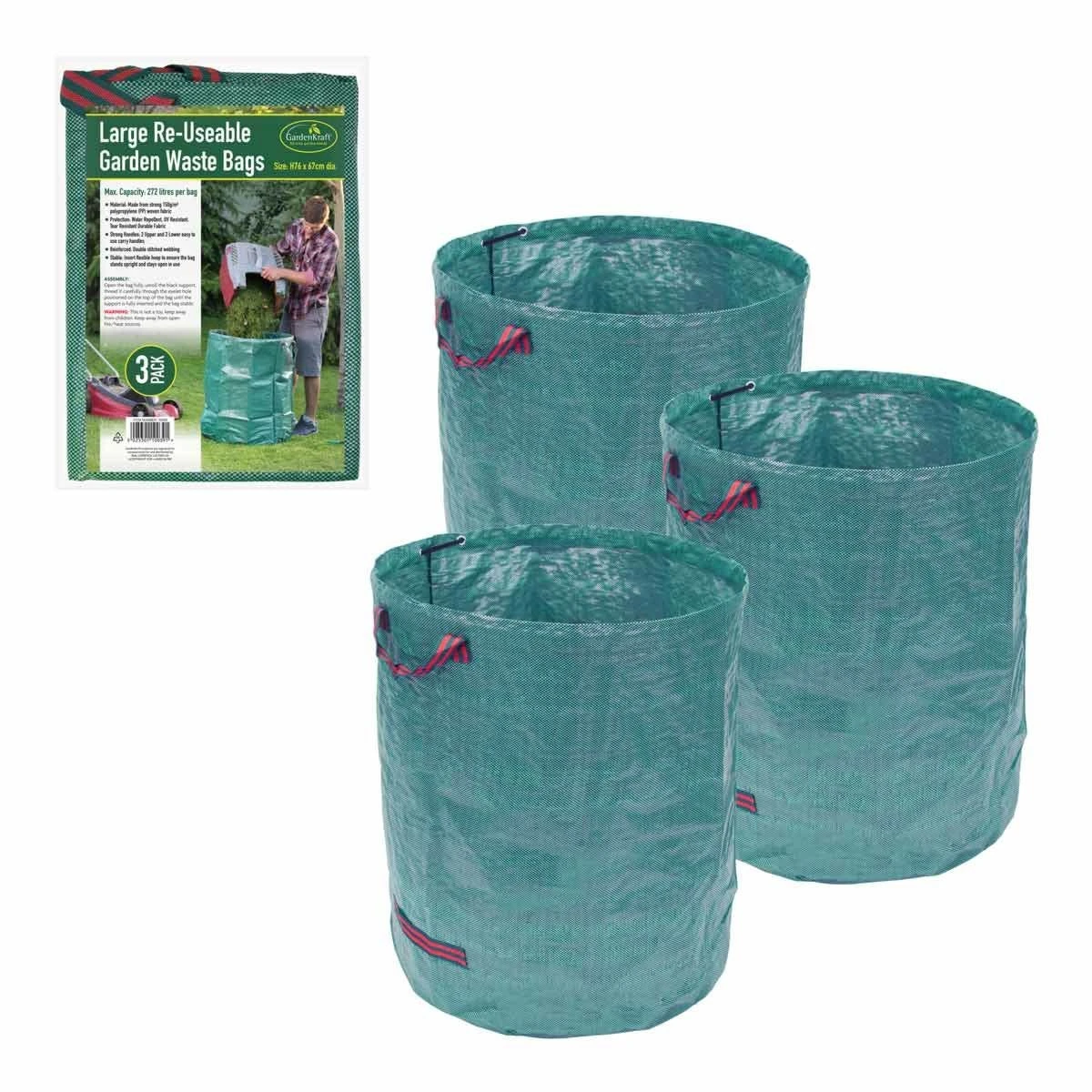 Gardenkraft 3 Pack Of 272L Garden Waste Bags - Green