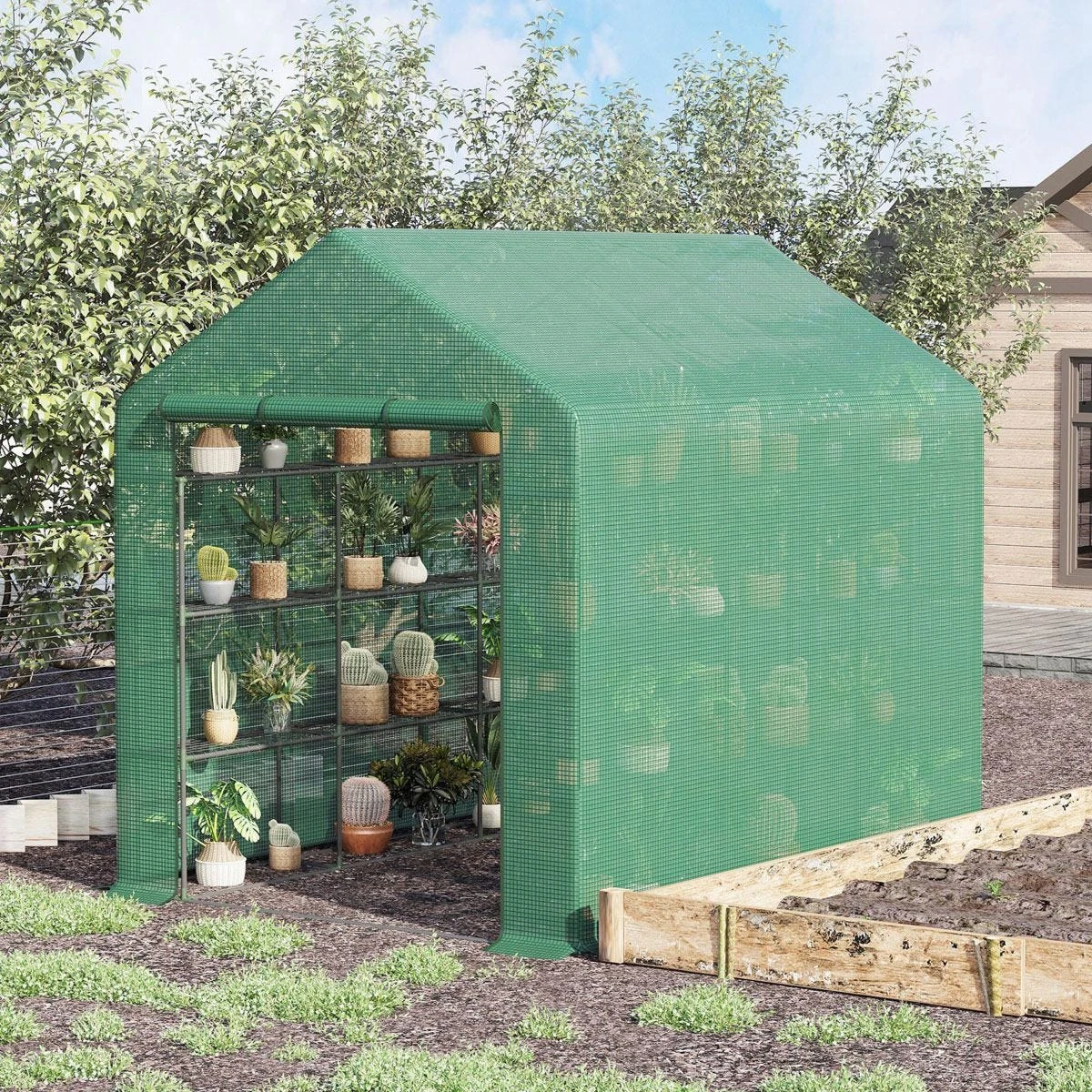 Outsunny Walk In Garden Greenhouse With Shelves Polytunnel Steeple Grow House New - Image 2