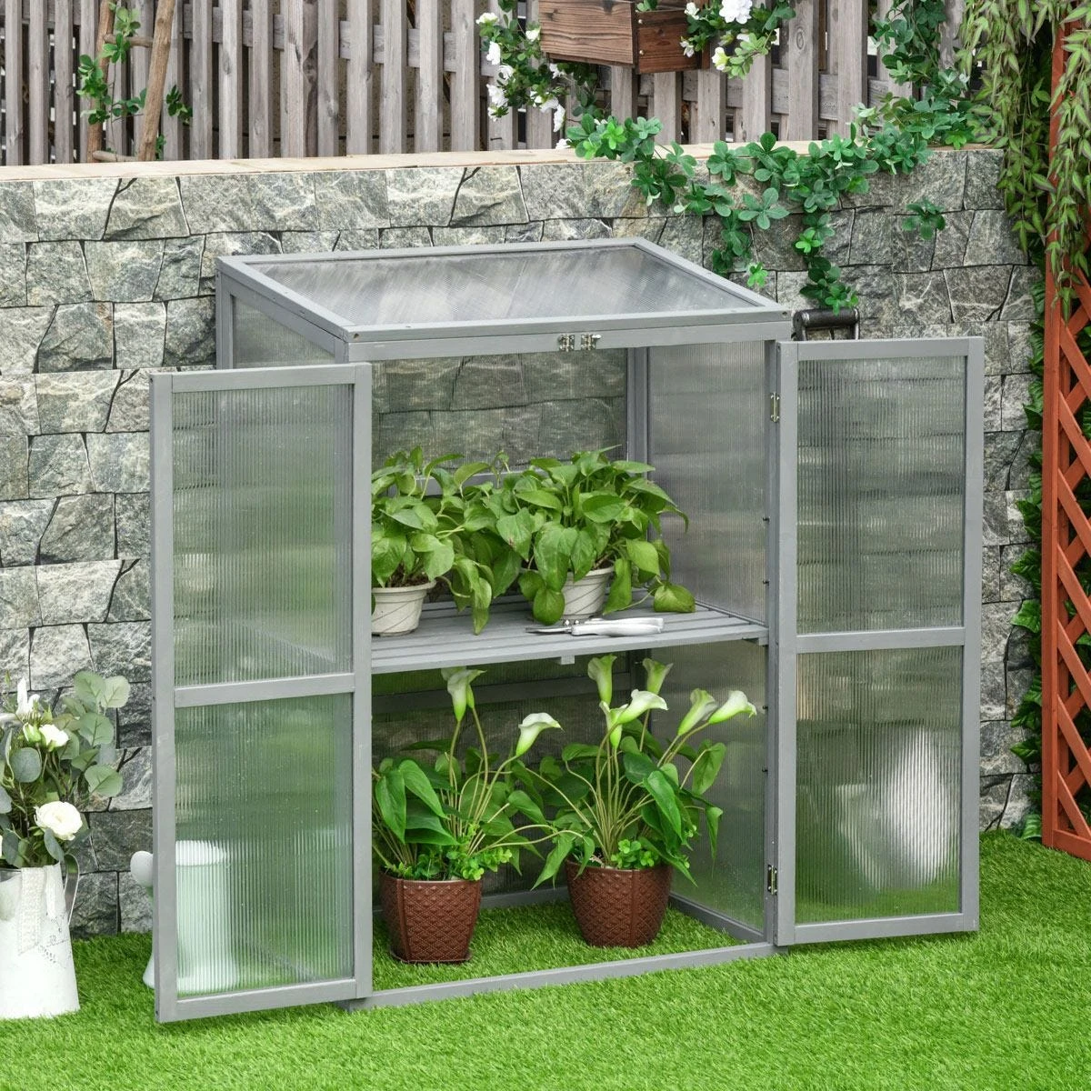 Outsunny Wood Cold Frame Greenhouse Outdoor Indoor Pc Board 76 X 47 X 110cm Grey - Image 2