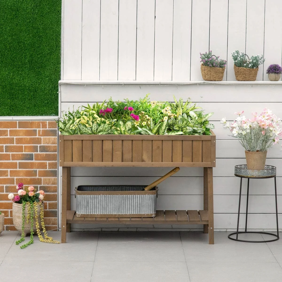 Outsunny Wooden Herb Planter Stand 8 Cubes Bottom Shelf Raised Bed - Brown - Image 2