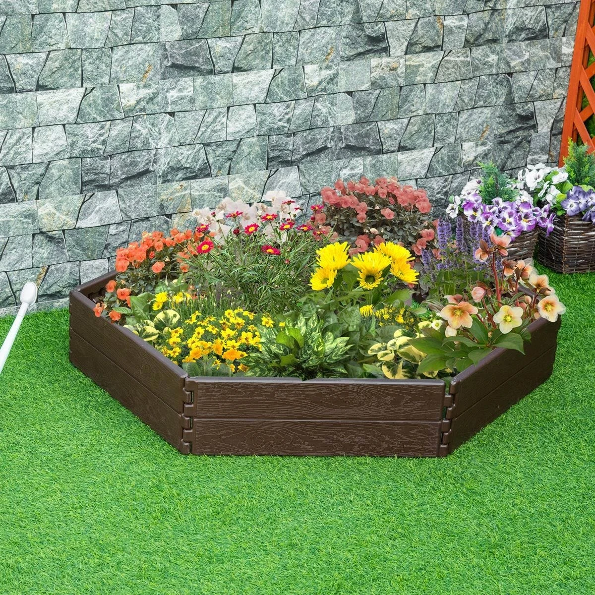 Outsunny Raised Garden Bed For Veggies Flowers 6 Panels Outdoor Planter Box - Brown - Image 2