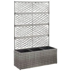 Vidaxl Trellis Raised Bed With 3 Pots 83x30x130cm Poly Rattan Grey