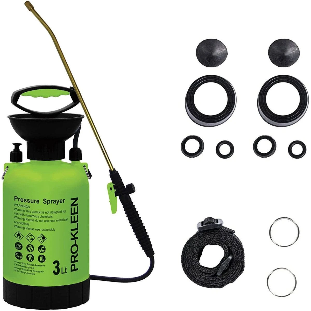 Pro-kleen 3L Garden Pressure Pump Sprayer With Brass Lance And 2 X Spare Seal Kits - Green