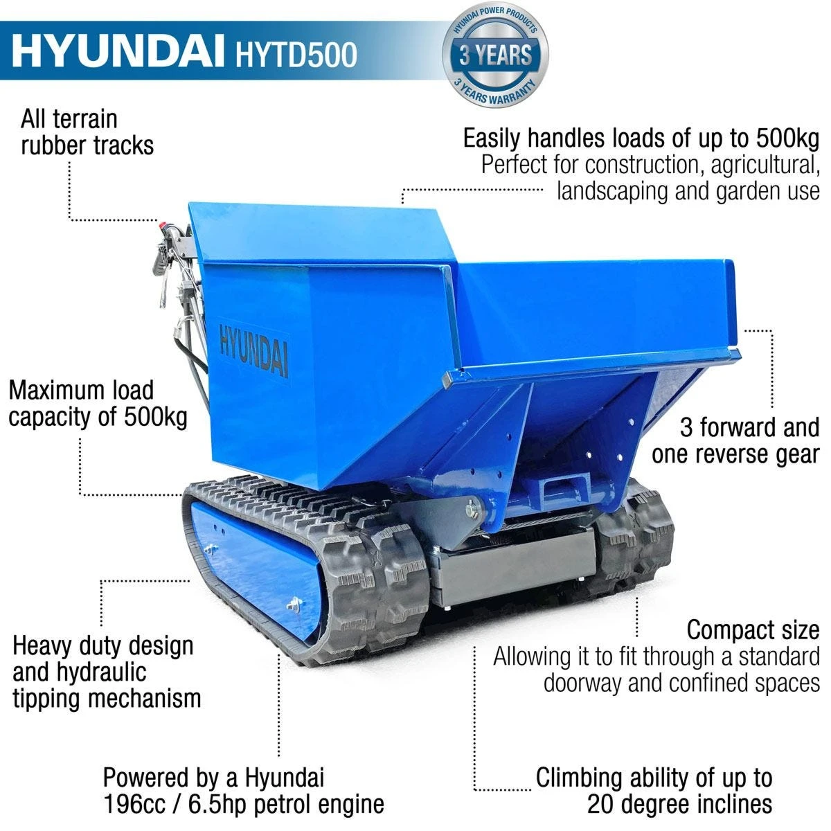Hyundai 196cc Petrol 500Kg Payload Tracked Mini Dumper/Power Barrow/Transporter HYTD500 - Image 10