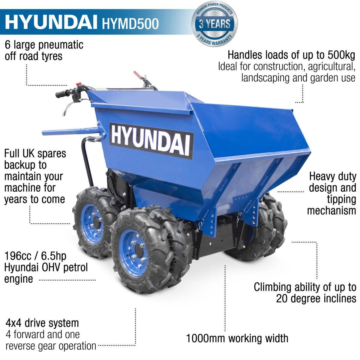 Hyundai 196cc 4-wheel Drive 500Kg Payload Mini Dumper/Power Barrow HYMD500 - Image 9