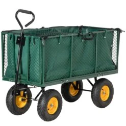 Outsunny Large 4 Wheel Heavy Duty Garden Cart W/ Handle And Metal Frame - Green