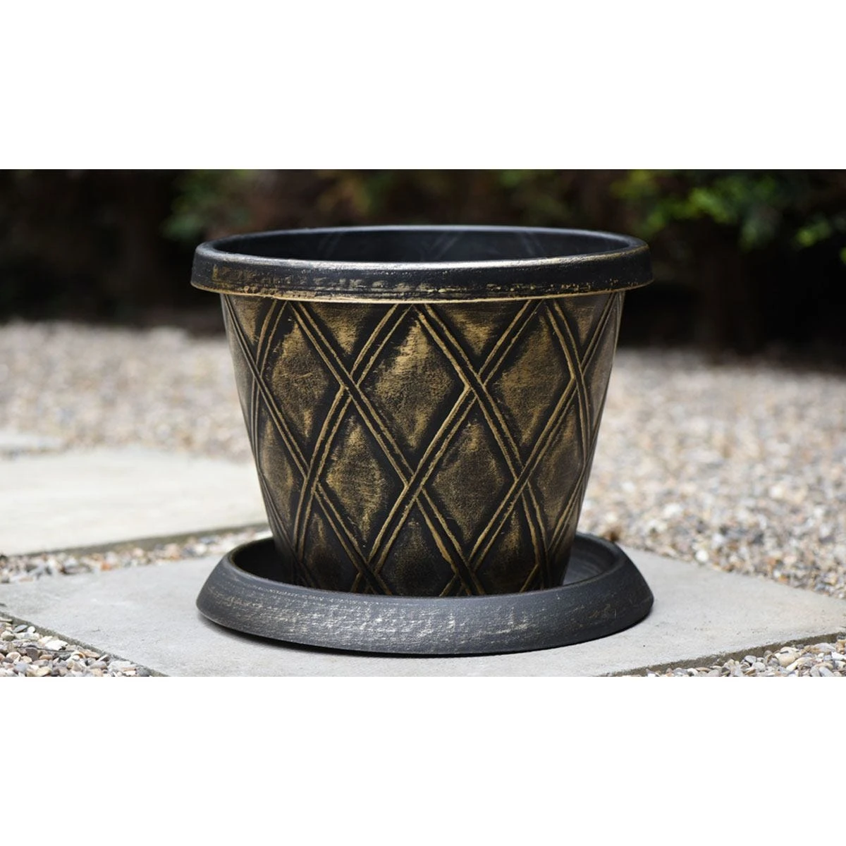 Thompson And Morgan Plastic Flowerpot With Saucer In Black And Gold - BUY TEN