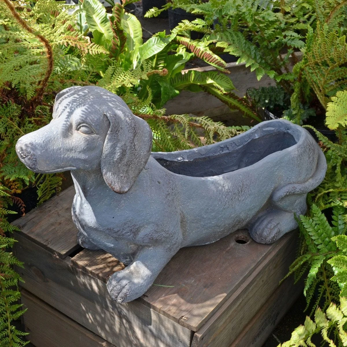 Solstice Sculptures Sausage Dog Planter 30Cm Blue Iron Effect - Image 2