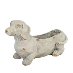 Solstice Sculptures Sausage Dog Planter 30Cm Weathered Light Stone Effect