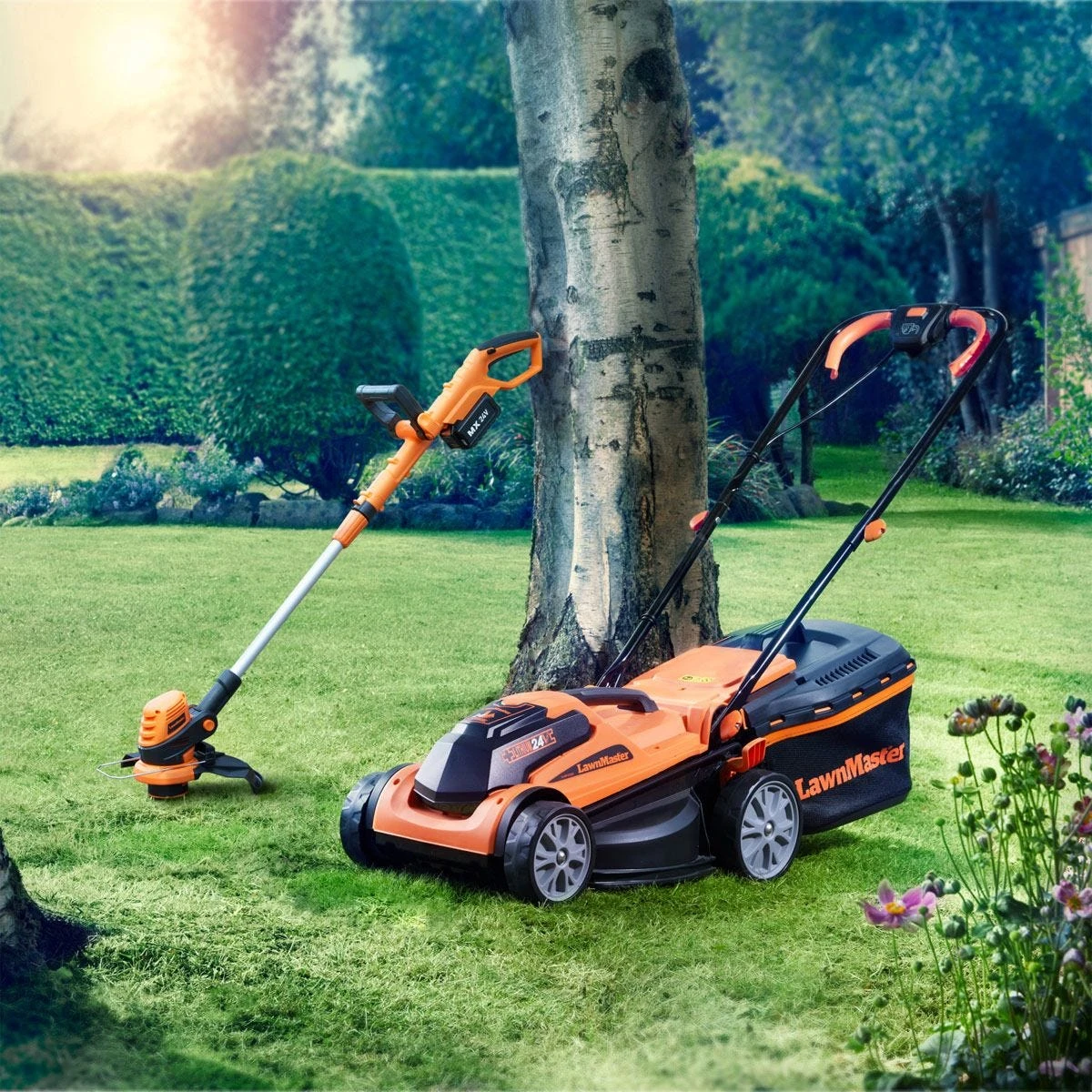 LawnMaster MX 24V 34cm Cordless Lawnmower And Grass Trimmer Set With 2 Battery Packs - Image 2
