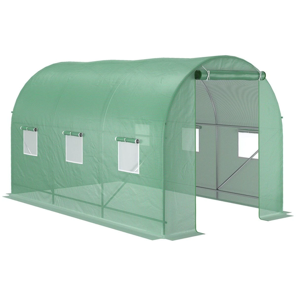 Outsunny 3.5 X 2m Walk-In Polytunnel Greenhouse, With Steel Frame, PE Cover, Roll-Up Door And 6 Windows - Green