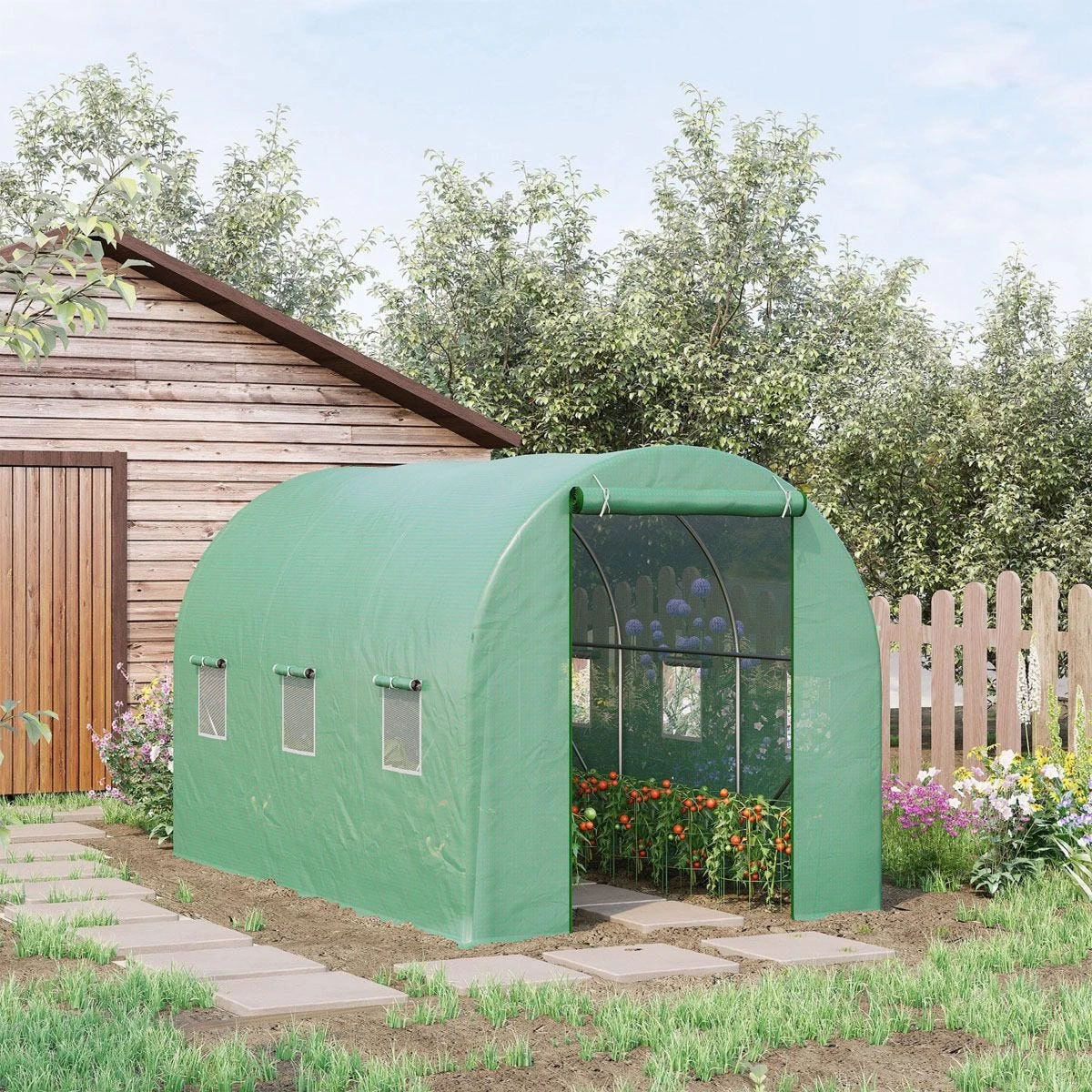 Outsunny 3.5 X 2m Walk-In Polytunnel Greenhouse, With Steel Frame, PE Cover, Roll-Up Door And 6 Windows - Green - Image 2