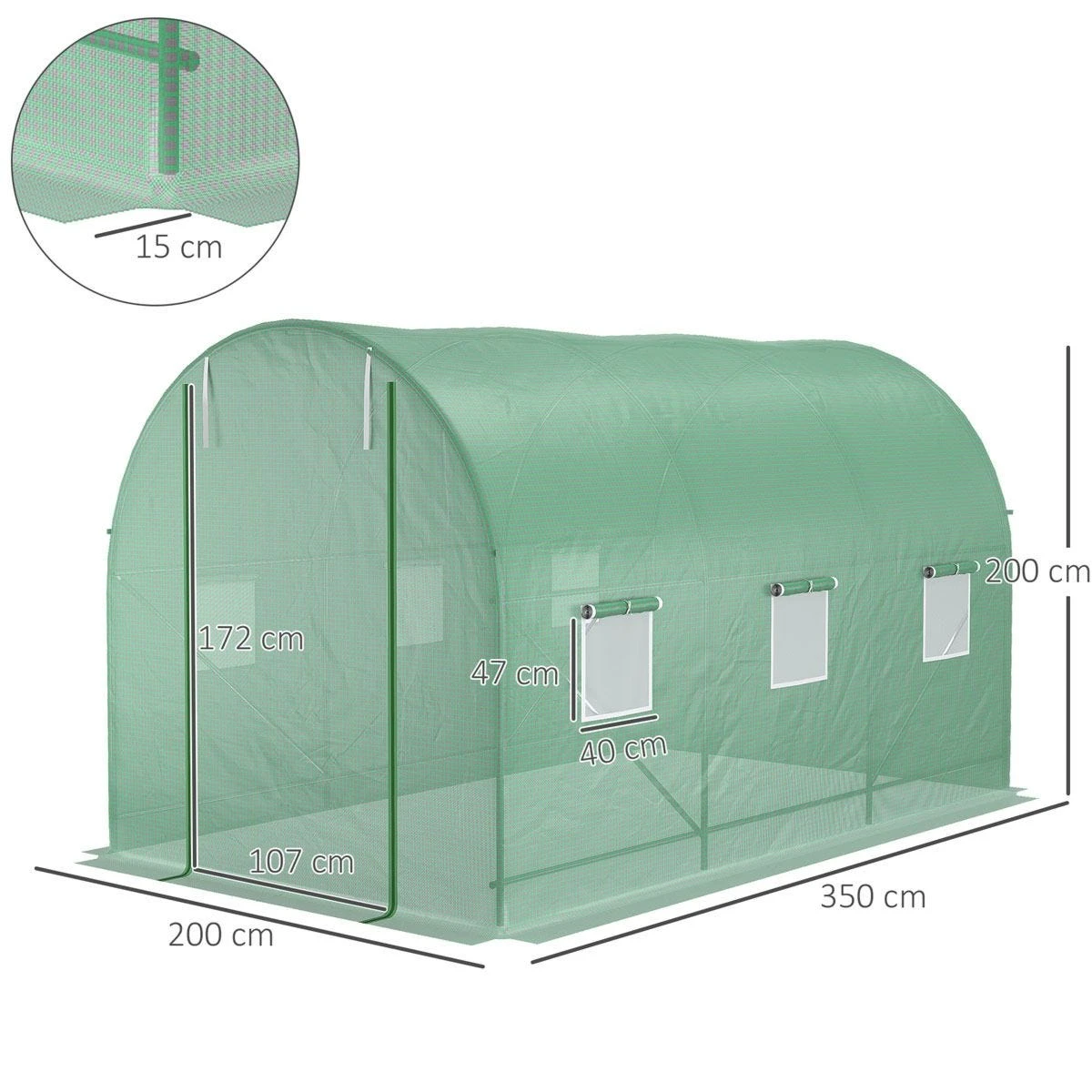 Outsunny 3.5 X 2m Walk-In Polytunnel Greenhouse, With Steel Frame, PE Cover, Roll-Up Door And 6 Windows - Green - Image 3