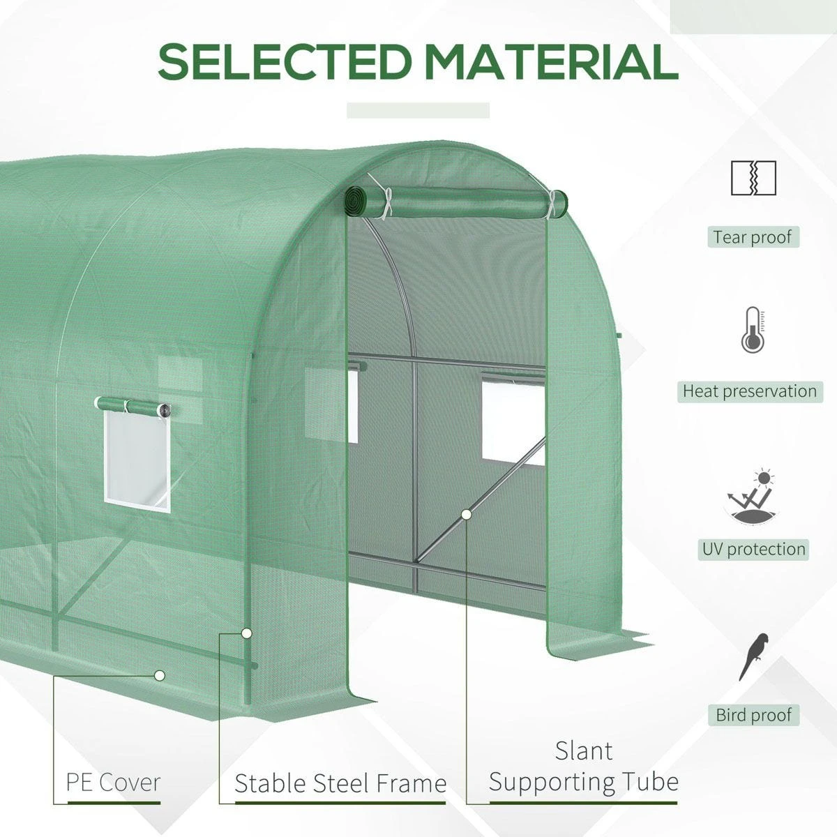 Outsunny 3.5 X 2m Walk-In Polytunnel Greenhouse, With Steel Frame, PE Cover, Roll-Up Door And 6 Windows - Green - Image 4