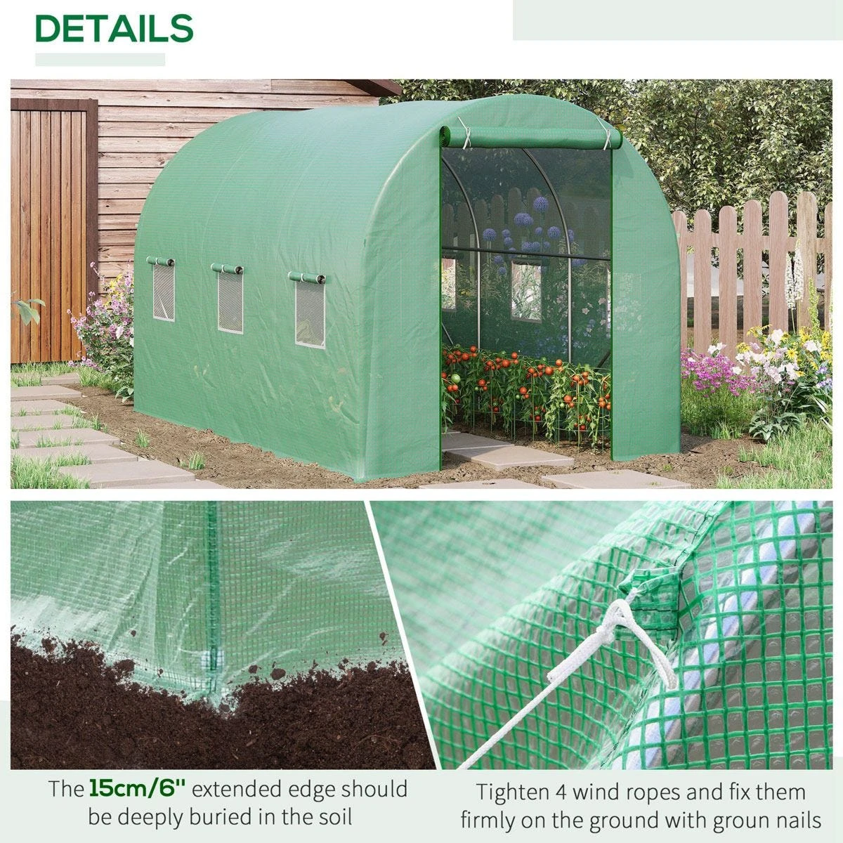Outsunny 3.5 X 2m Walk-In Polytunnel Greenhouse, With Steel Frame, PE Cover, Roll-Up Door And 6 Windows - Green - Image 5