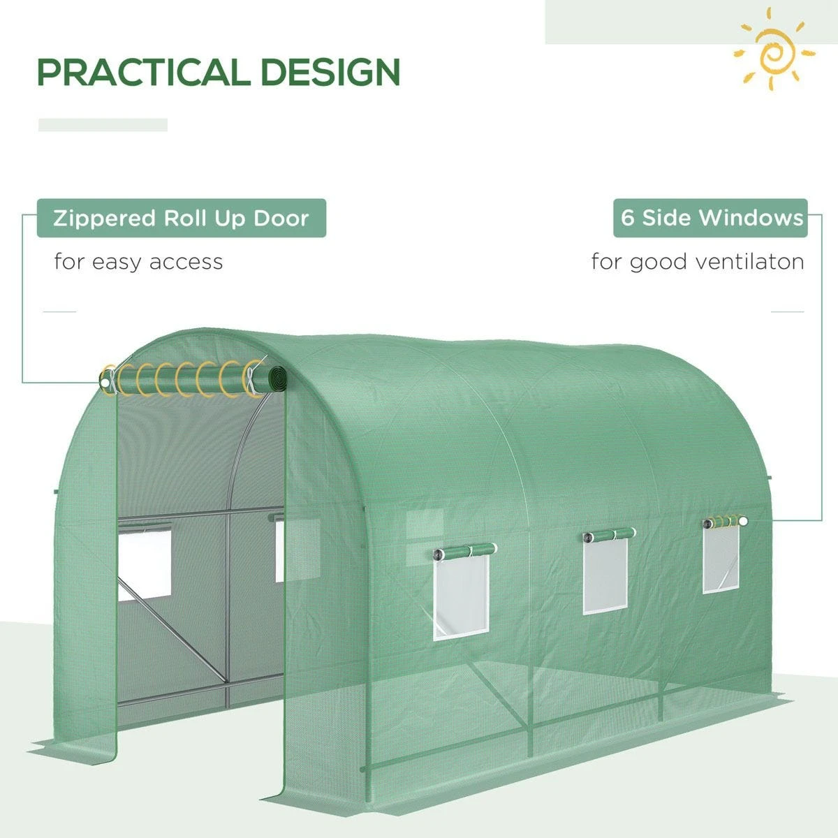 Outsunny 3.5 X 2m Walk-In Polytunnel Greenhouse, With Steel Frame, PE Cover, Roll-Up Door And 6 Windows - Green - Image 6