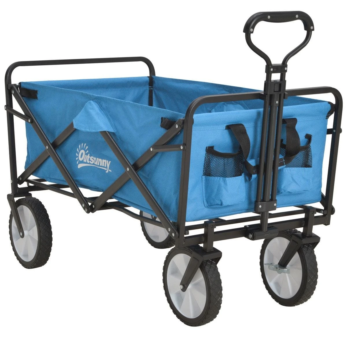 Outsunny Pull Along Cart Folding Cargo Wagon Trailer Trolley For Beach Garden Use With Telescopic Handle - Blue