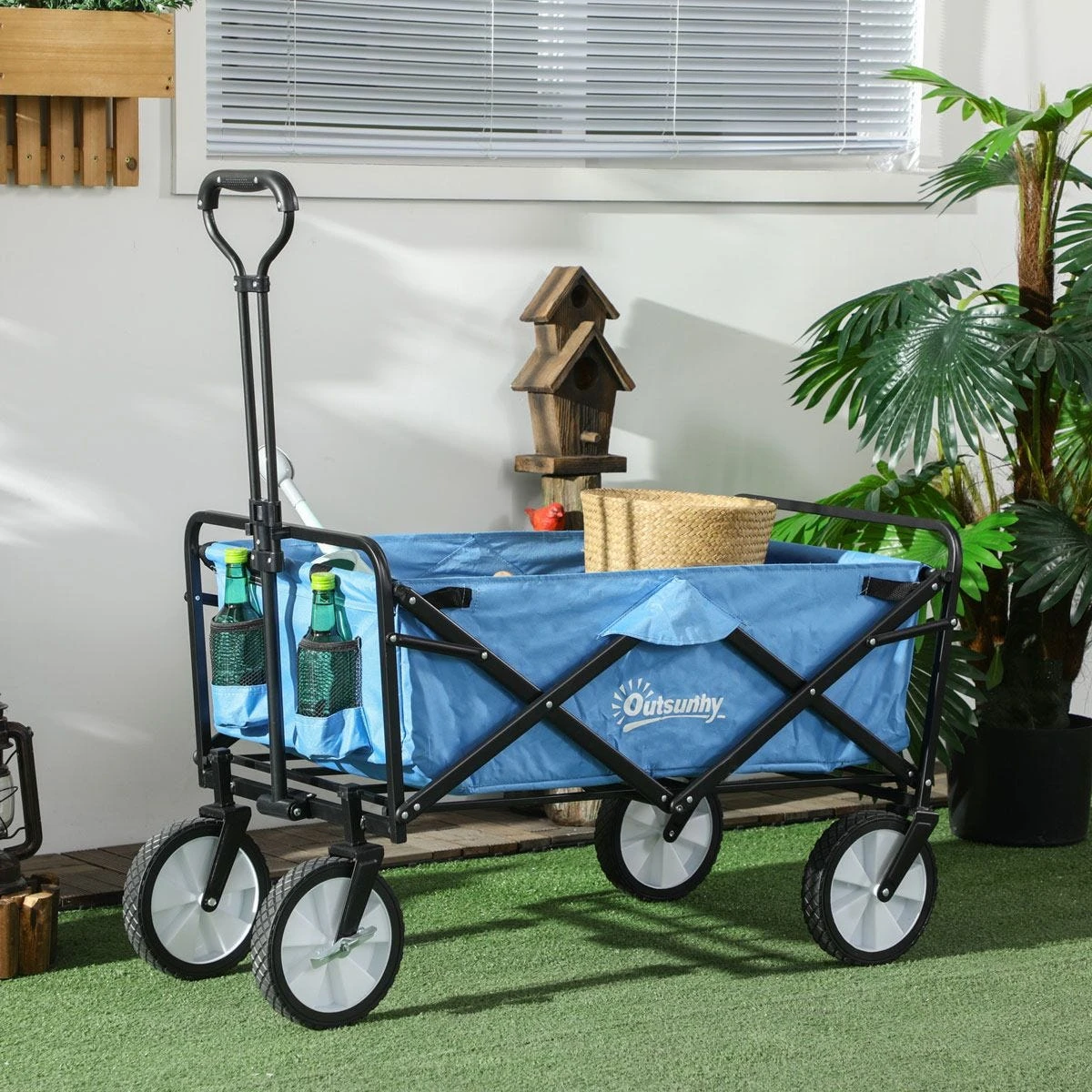 Outsunny Pull Along Cart Folding Cargo Wagon Trailer Trolley For Beach Garden Use With Telescopic Handle - Blue - Image 2