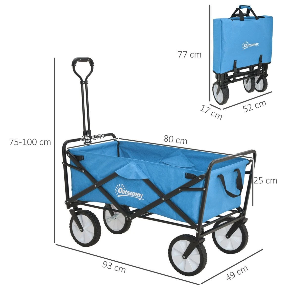 Outsunny Pull Along Cart Folding Cargo Wagon Trailer Trolley For Beach Garden Use With Telescopic Handle - Blue - Image 3
