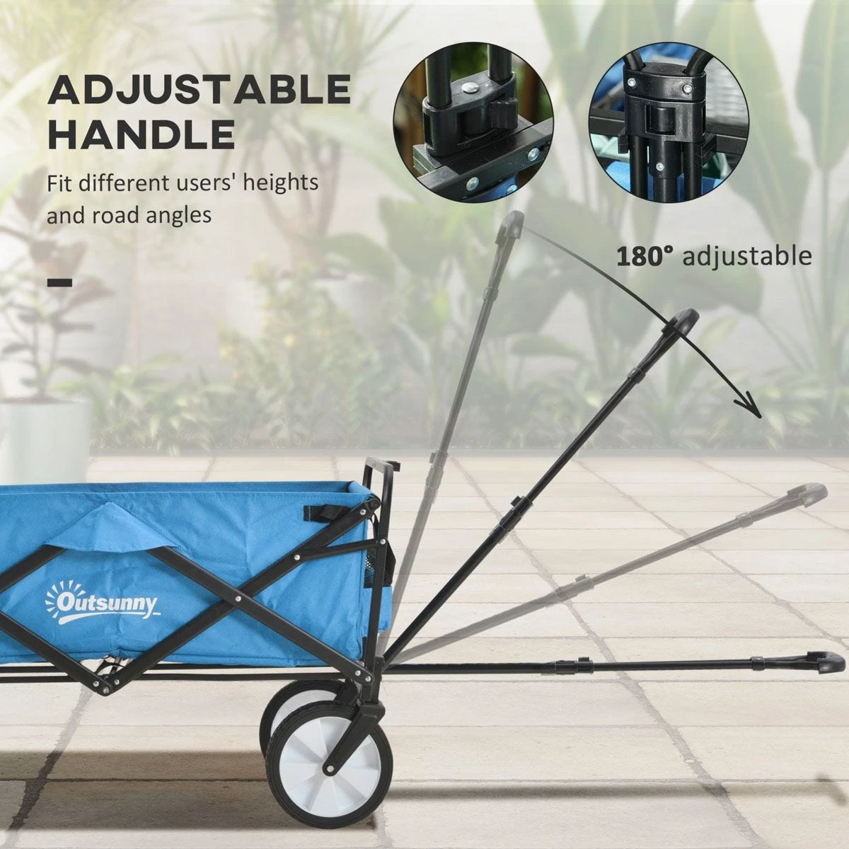 Outsunny Pull Along Cart Folding Cargo Wagon Trailer Trolley For Beach Garden Use With Telescopic Handle - Blue - Image 5