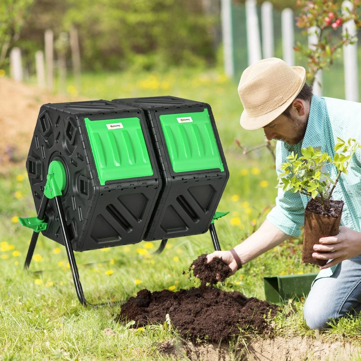 Outsunny Dual Chamber Garden Compost Bin - 130L - Image 2