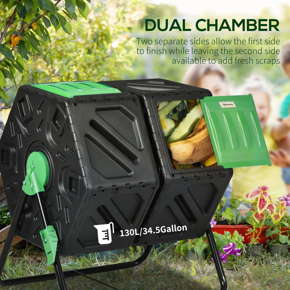 Outsunny Dual Chamber Garden Compost Bin - 130L - Image 4